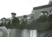 Военный парад 7 ноября 1941 года на площади им.В.В.Куйбышева, На трибуне представители Советского правительства Калинин М.И. и Ворошилов К.Е. 